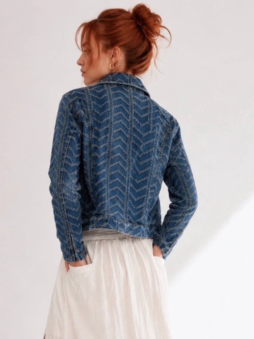 Free People Chevron Textured Denim Moto Jacket XS Rare Vintage